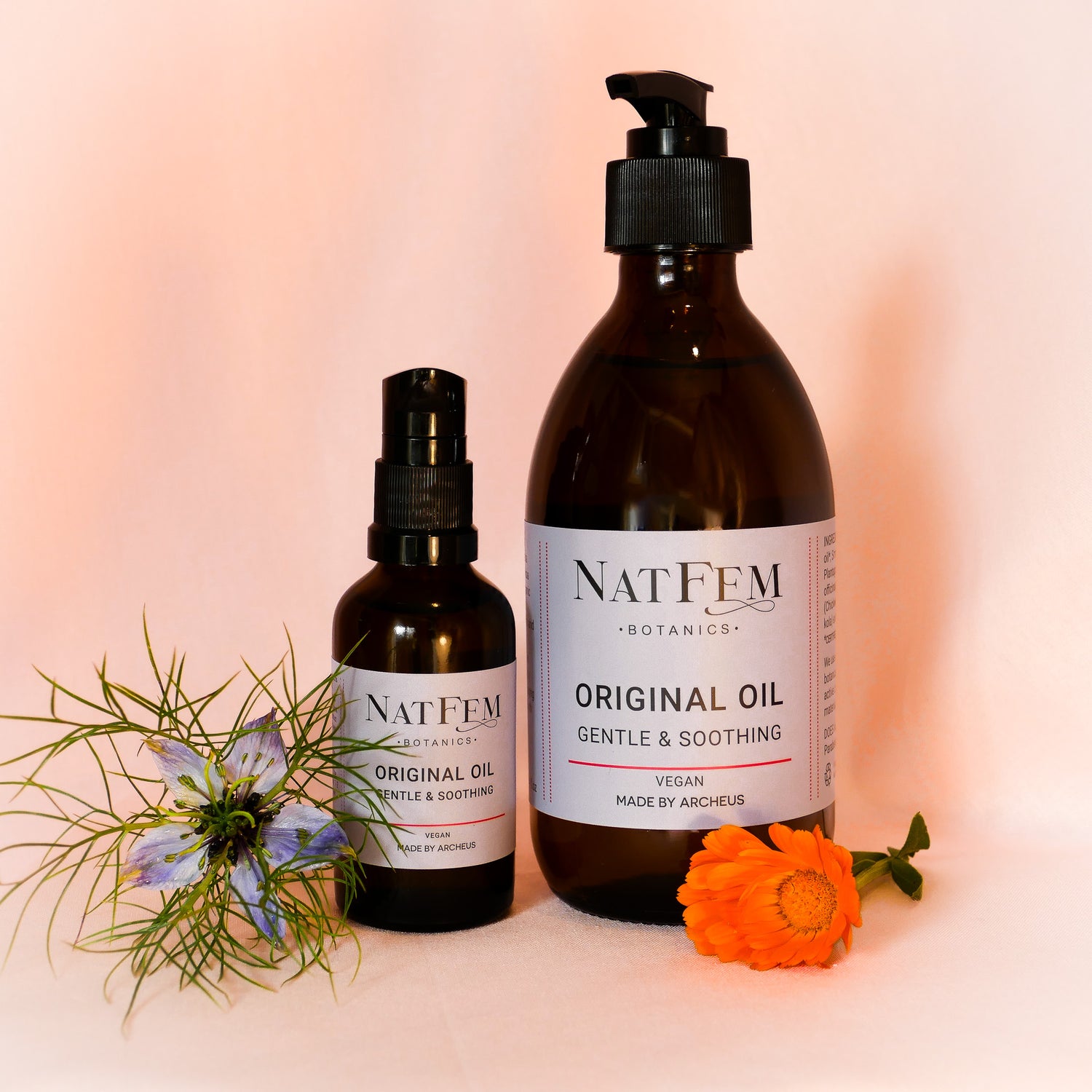 two sizes of NatFem hormone free Original Oil for vaginal dryness