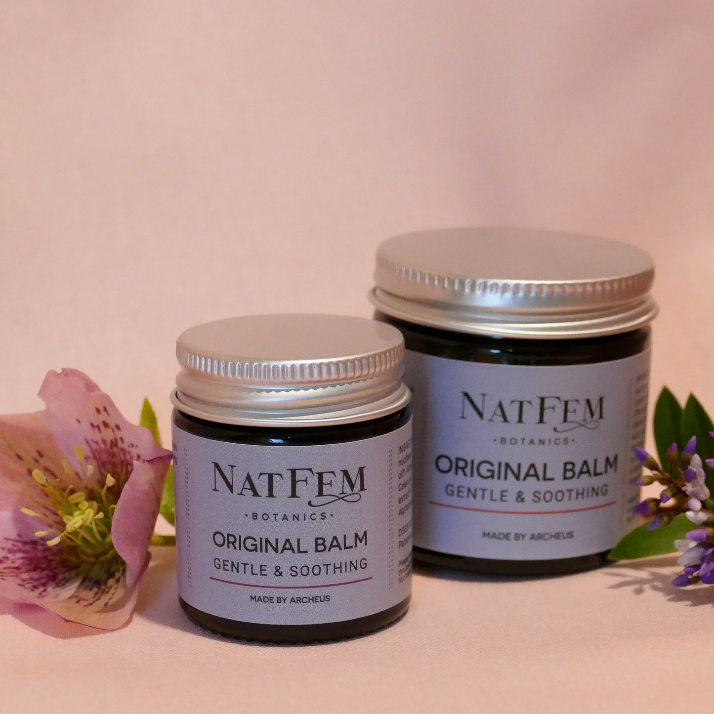 two sizes of Original Balm jars with flowers